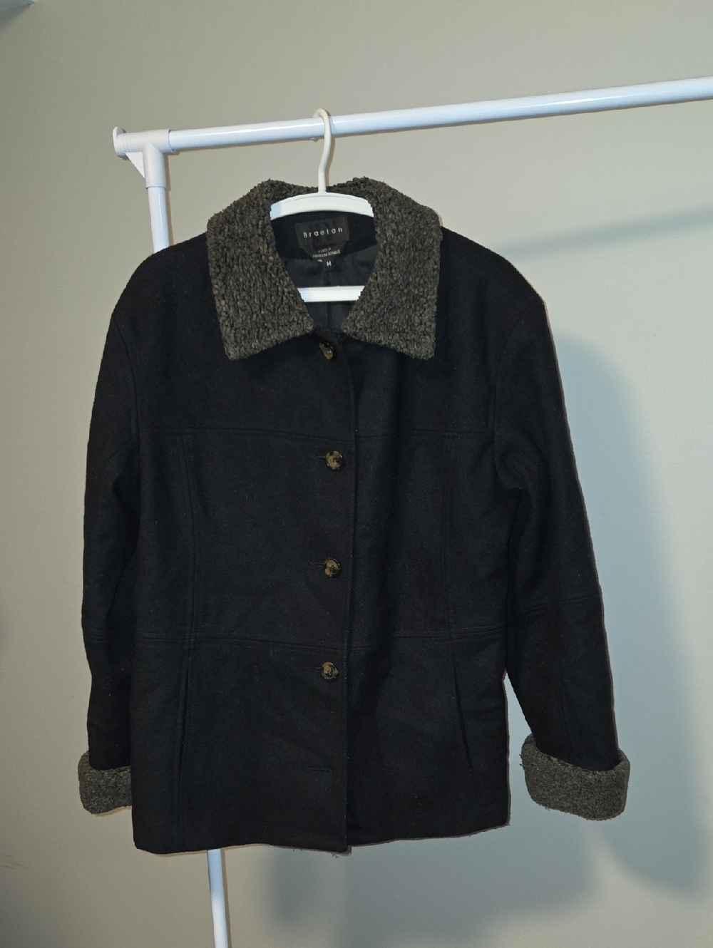Braetan Black Pea Coat with Contrast Sherpa Collar
